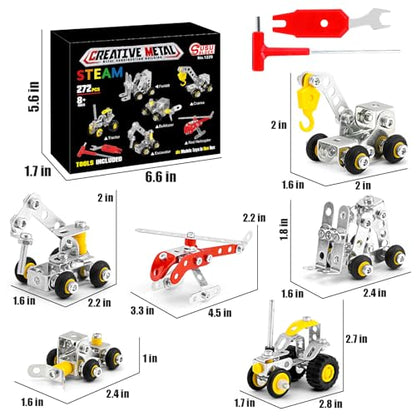 BESTYMXY Stem Building Toys, Metal Construction Vehicles & Helicopter Model kit 6 Models, 272 PCS Building Sets for Boys Age 8-12, Learning Toy Metal Models