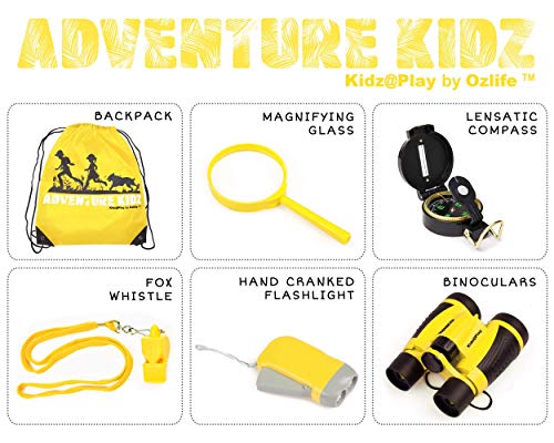 Adventure Kidz - Outdoor Exploration Kit, Binoculars with Case, Flashlight, Compass, Whistle, Magnifying Glass, Backpack, Bundle (28 Items)