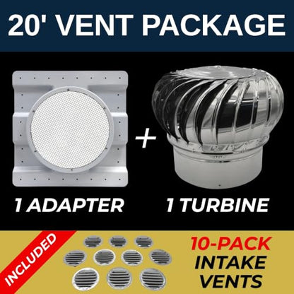 20ft Shipping Container Roof Vent System: (1) Whirlybird Wind Turbine, (1) Roof Vent Adapter, Plus (10) 2.5" Sidewall Vents | No-Weld Vent for 3.5" Corrugation for Container Roof | Stop Condensation - size: 20ft Vent System