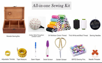 Wooden Sewing Kit Box with Cute Sewing Accessories, Sewing Basket Kit for Adults Beginners Kids Girls, Home Hand Sewing Starter Kit