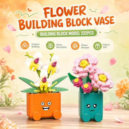 Botanicals Happy Plants Building Sets | 2 Cute Happy Plants Flowers Set, Succulents Botanical Collection for Home Office Décor, Gift for Women Wife Mom(222Pcs) - style: Orange and Green