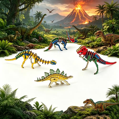 4‑in-1 3D Wooden Dinosaur Puzzle, DIY Mini Skeleton Model Kit Toy