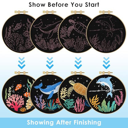 ERKOON 4 Set Embroidery Kit for Beginners, Cross Stitch Set Include Embroidery Cloth Hoops Threads for Craft Lover Hand Stitch with Embroidery Skill Techniques (Marine Animals) - color: Marine Animals