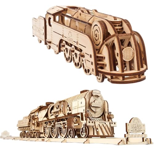 UGEARS Mini Locomotive + V-Express Steam Train with Tender Idea- 3D Wooden Puzzle Model Kits for Adults