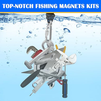 VNDUEEY 1725LBS Magnet Fishing Kit, 3.7" Double Hole Fishing Magnet Kit with Rope, Strong Magnets for Retrieving in River Lake Beach and Lawn, Includes 65Ft Rope, Carabiner, Gloves, Grappling Hook - size: 3.7" 1725LBS, style: Double Hole Kit