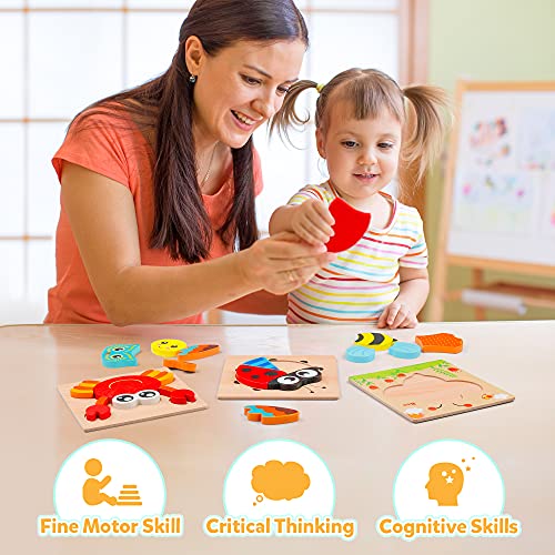 Coogam Wooden Jigsaw Puzzle Set, 6 Pack Animal Shape Color Montessori Toy, Fine Motor Skill Early Learning Preschool Educational Gift Game for Years Old Kids