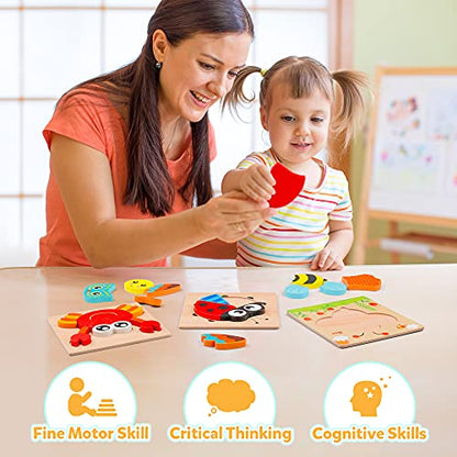 Coogam Wooden Jigsaw Puzzle Set, 6 Pack Animal Shape Color Montessori Toy, Fine Motor Skill Early Learning Preschool Educational Gift Game for Years Old Kids