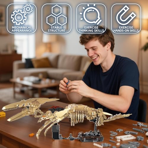 Pterosaur Dinosaur Skeleton Building Blocks Detailed Fossil Model with Adjustable Wings & Joints STEM Learning Construction Toy Educational Gift for Kids Teens and Paleontology Fans - style: Pterosaur Fossil