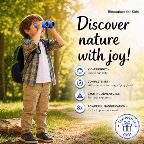Binoculars for Kids – Perfect Toy for Little Boys and Girls – Extensive Set Incl. Magnifying Glass & Compass – Powerful Magnification 8X21 – 3 to 12 Year Old Kids for Toddler - color: Blue