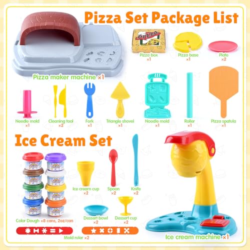 2 in 1 Color Dough Sets for Kids Ages 2-4-8, Kitchen Creations Ice Cream Pizza Maker Machine, Art Crafts Play Food Toys for 3 Year Old Girls Boys and Up, 8 Cans of Modeling Compound Dough,2 oz Cans - color: Blue Yellow