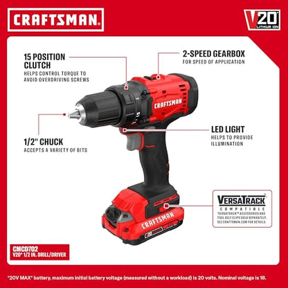 CRAFTSMAN V20 Cordless Drill Driver and Impact Driver, 2 x 2Ah Lithium Ion Battery and Charger, Two Power Tools, 1700 RPM 1/2 In. Electric Drill, 1800 Torque 1/4 Impact Screwdriver (CMCK201D2) - style: NEW 2 Tool Combo Kit