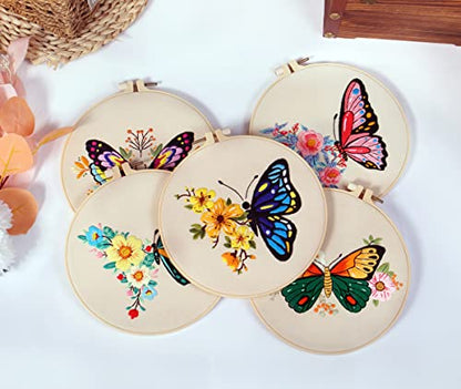 Konrisa Embroidery Starter Kits with Butterfly Flower Pattern, Stamped Cross Stitch Kits for Beginners Adults DIY Sewing Include Embroidery Hoop Embroidery Fabric Threads and Needles,Set of 2 - color: Butterfly01