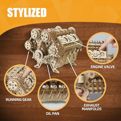 3D Puzzles for Adults - Wooden V8 Engine Model Kit