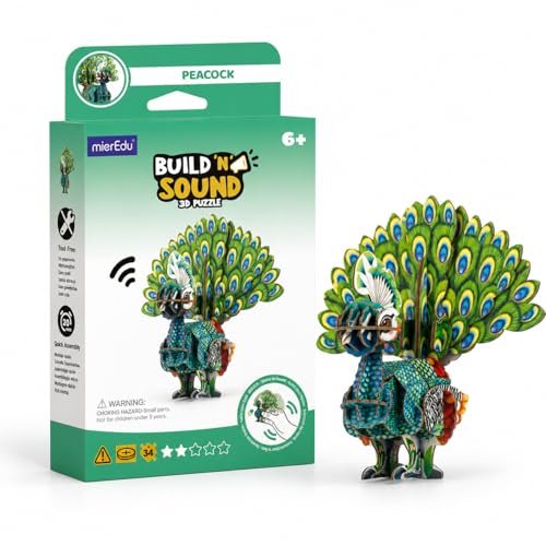 MierEdu Build 'N' Sound 3D Puzzle for Kids, Animal Puzzle with Sound Module, Educational STEM Craft Kit, FSC Paper Model Building Toy Gift for Ages 6+ - color: Peacock