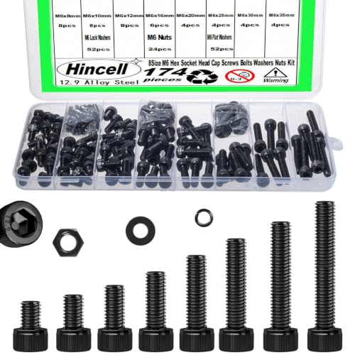 174Pcs M6 Screw,M6x8/10/12/16/20/25/30/35 mm Bolt kit,Hex Socket Head Cap Bolts,12.9 Grade Black Zinc Plated for 3D Printer - size: M6x8/10/12/16/20/25/30/35mm
