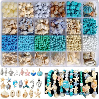 1570Pcs Ocean Beads for Bracelets Making Kit, Blue and White Summer Beach Bead for Jewelry Making, Sea Turtle Seashell Starfish Shape Beads 8mm Round Glass Seed Bead for DIY Craft Bracelets Earring