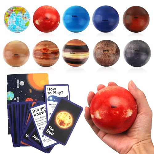 Mini Foam Planets Balls Toy, 10 PCS Solar System Stress Balls for Kids Adults, Squeeze Global for Stress Relief, Science Kit Gift for Early Learning, Classroom Prize for Boys Girls (with Flash Cards)