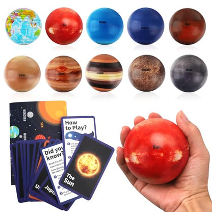 Mini Foam Planets Balls Toy, 10 PCS Solar System Stress Balls for Kids Adults, Squeeze Global for Stress Relief, Science Kit Gift for Early Learning, Classroom Prize for Boys Girls (with Flash Cards)