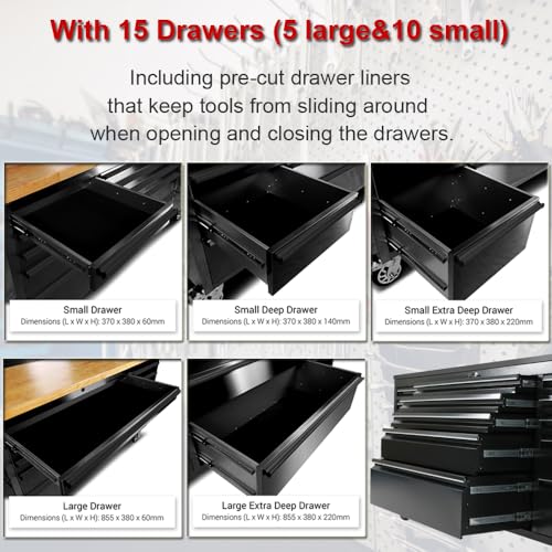 72-Inch Rolling Tool Chest with 15 Drawers + 3 Upper Cabinets, Mobile Workbench, Assembled Large Tool Box Lockable Storage Cabinet with Wheels for Garage Workshop, Matte Black - size: 72'' + 3 Upper Cabinets - Black