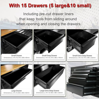 72-Inch Rolling Tool Chest with 15 Drawers + 3 Upper Cabinets, Mobile Workbench, Assembled Large Tool Box Lockable Storage Cabinet with Wheels for Garage Workshop, Matte Black - size: 72'' + 3 Upper Cabinets - Black