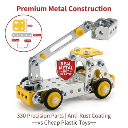 Erector Set for Boys Age 8-12,4 Mini Metal Model Set for Kids,330 PCS STEM Construction Toys,Engineering Building Set with Crane,Forklift,Bulldozer,Fire Truck-DIY STEM Educational Gift for Boys&Teens