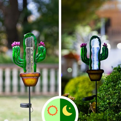 Stargarden Solar Rain Gauge Outdoor, Cactus Solar Powered Rain Gauge - color: Cactus
