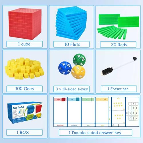 Base Ten Blocks 137 Pcs Place Value Manipulatives with 3 Dice