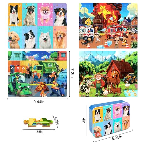 LELEMON Puzzles for Kids Ages 4-6,4-Pack Dogs Fire Fighting Garbage Truck Farm 60 Piece Puzzles for Kids Ages 4-8 in a Metal Box,Educational Jigsaw Puzzles Puzzle Games Puzzle Toys for Girls and Boys - color: 60 Piece 4-pack