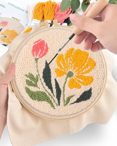 ERKOON Punch Needle Kit Adults Beginners, DIY Easy Floral Embroidery Set for Starter Art Craft, Needling Punch Project with Patterns, Tools, Yarns, Hoop, Instruction (Rhubarb Flowers) - color: Rhubarb Flowers