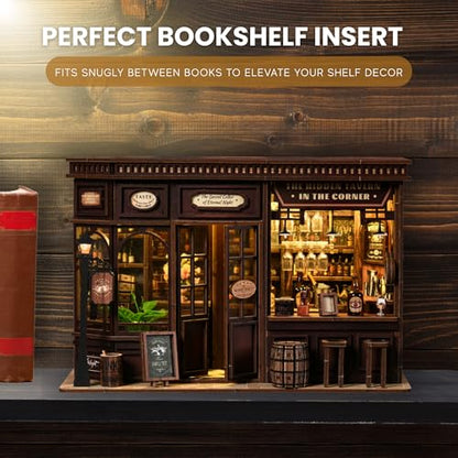DIY Book Nook Kit LED 3D Wooden Puzzle — Aesthetic Miniature Bookshelf Insert Decor & Diorama Craft Building Kit for Adults, Teens & Home Library | Bookshelf Stand | (Corner Tavern)