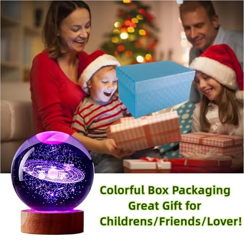 3D Solar System Crystal Ball Lamp with Remote Control, 3.15 inch Galaxy Crystal Night Light with Wooden Base 16 Colors Change, Glass Planet Figurine Lamp Gift for Girls Boys Wife Mom (Solar System) - color: Solar System