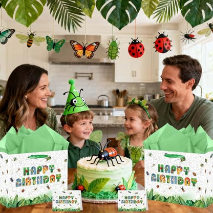 Large Bug Gift Bag, Insect Gift Bag with Tissue Paper and Card, Spring Summer Happy Birthday Gift Wrapping for Boys and Girls, Insect Birthday Party Decorations, Baby Shower Bug Party Supplies.