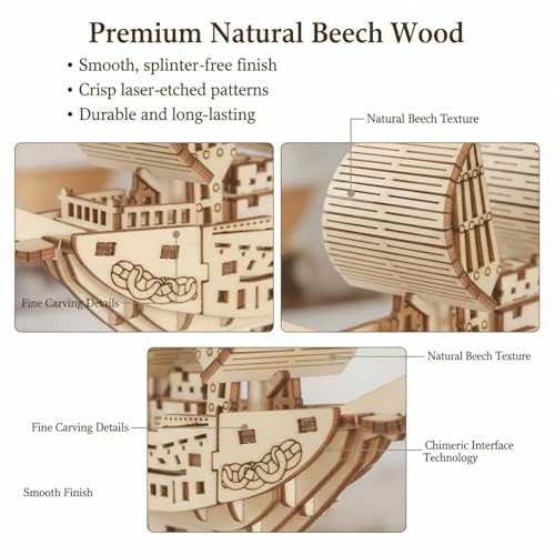 3D Pirate Ship Puzzle Wooden Model Kit, Birch Material, 52 Pieces, Easy Assembly Desk Decoration, DIY Home Decor & Small Gift, Includes Display Stand, 6.1" Tall, Ages 14 and Up