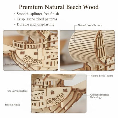 3D Pirate Ship Puzzle Wooden Model Kit, Birch Material, 52 Pieces, Easy Assembly Desk Decoration, DIY Home Decor & Small Gift, Includes Display Stand, 6.1" Tall, Ages 14 and Up