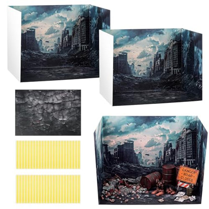 AmazingSpark 2 Set City Debris Diorama Box and Cracked Sticker Decor, City Ruins Diorama Project Supplies Set, Destroyed Building Scene Model Display Case with Double Sided Tapes for DIY Crafts - style: City Debris