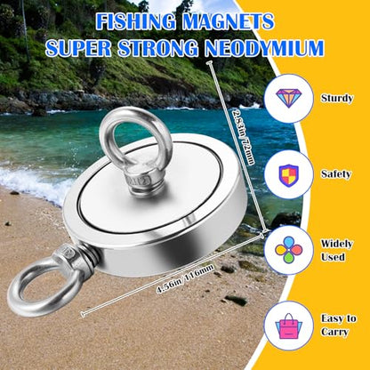 VNDUEEY 2625LBS Magnet Fishing Kit, 4.57" Double Hole Fishing Magnet Kit with Rope, Strong Magnets for Retrieving in River Lake Beach and Lawn, Includes 65Ft Rope, Carabiner, Gloves, Grappling Hook - size: 4.57" 2625LBS, style: Double Hole Kit