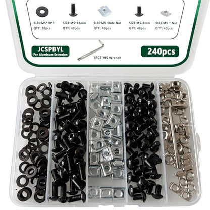 240pcs M5 T-Nuts Screws Kit for 2020 2040 8020 Series Aluminum Extrusion,40Pcs M5x8,40Pcs M5x12 Hexagon Socket Screws,40Pcs M5 T Sliding Nut,40Pcs M5 T Nut,80Pcs Washers - style: 240pcs 20 Series Screws Kit Black