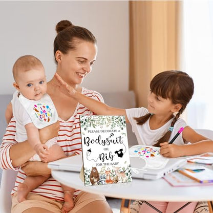 Chuarry 43 Pcs DIY Baby Bibs Decorating Kit 8 Bodysuits 8 Pcs 2 Ply White Bibs 10 Fabric Markers 16 Stencils Baby Shower Sign (Woodland Animals) - style: Woodland Animals