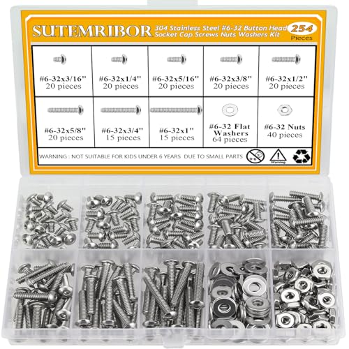 254 Pieces #6-32 x 3/16", 1/4", 5/16", 3/8", 1/2", 5/8", 3/4", 1", Button Head Socket Cap Screws Nuts Washers Assortment Kit - size: #6-32, style: Button Head Socket Cap