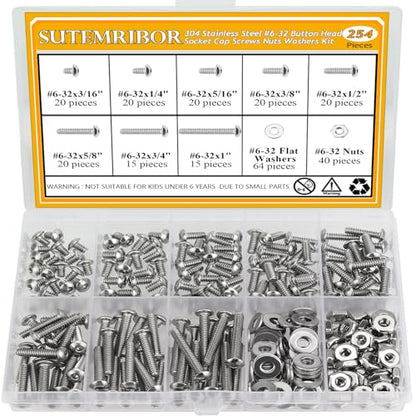 254 Pieces #6-32 x 3/16", 1/4", 5/16", 3/8", 1/2", 5/8", 3/4", 1", Button Head Socket Cap Screws Nuts Washers Assortment Kit - size: #6-32, style: Button Head Socket Cap