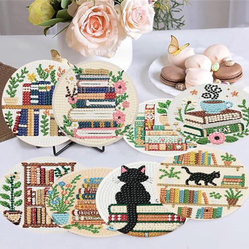 8 Pack Bookshelf Diamond Art Coasters,Diamond Painting Coasters Kits - color: Books Coasters