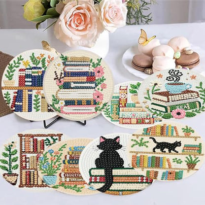 8 Pack Bookshelf Diamond Art Coasters,Diamond Painting Coasters Kits - color: Books Coasters
