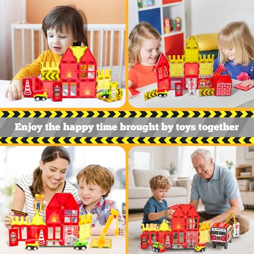Magnetic Tiles Fire Truck Set,Magnet Blocks for Kids Ages 4-8 Boy STEM Toys - style: 56PCS Fire Station Magnetic Tiles