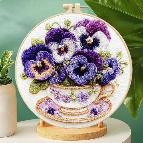 Needlework Embroidery Kit for Beginners,Pansy Pattern Handmade Cross Stitch Sewing Craft Kit with Pre-Stamped Patterns,7.87 inch Hoop,Floss & Needles for Craft Lover Birthday Gifts 11.41x11.41in - color: Pansy