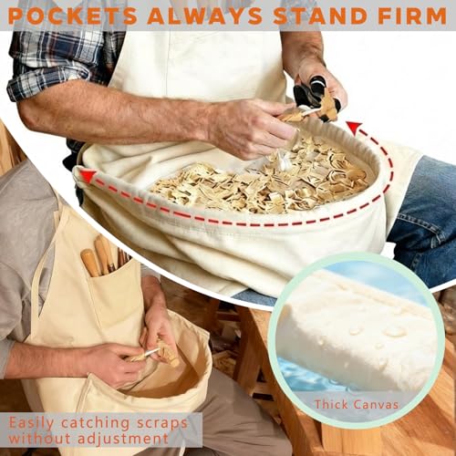 Woodcarving Apron-Work Apron with Brown Leather Chest Patches, Tool Pocket - color: White