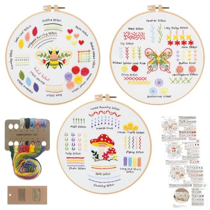 Louise Maelys 3 Pack Embroidery Kit for Beginners Learn Basic Stitches DIY - color: 3 embroidery