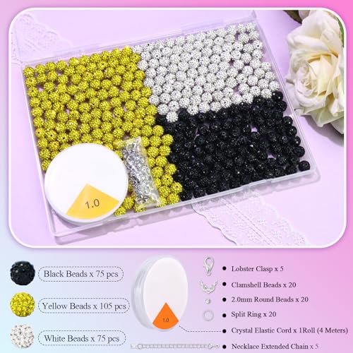 Dowarm 255PCS 10mm Rhinestone Beads for Baseball Rhinestone Necklace Bracelet Jewelry Making, Round Polymer Clay Beads for Crafts Beaded Pen, Shamballa Pave Disco Diamond Bead, Yellow|Black|White - color: 09-Yellow | Black | White
