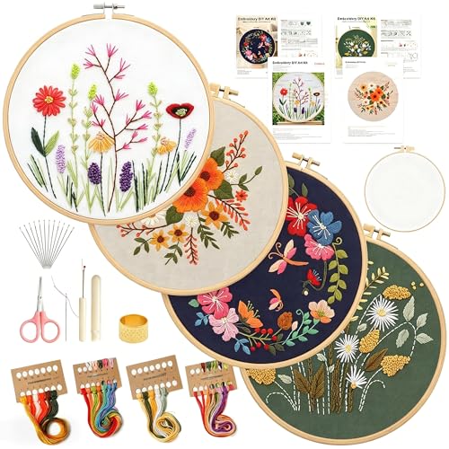 Yiranok Embroidery Starter Kit for Beginners 4-Piece DIY Cross Stitch Set for Adults with Floral Patterns Embroidery Hoop Tools Colored Threads Step-by-Step Guide Gift for Craft Enthusiasts (Flower) - color: Flower