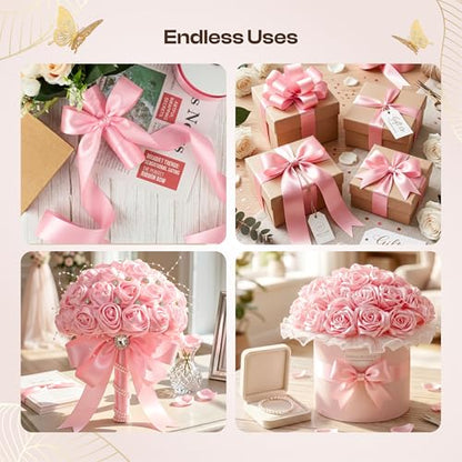 Caydo Pink Ribbon Rose Bouquet for Gifts - color: Light Pink