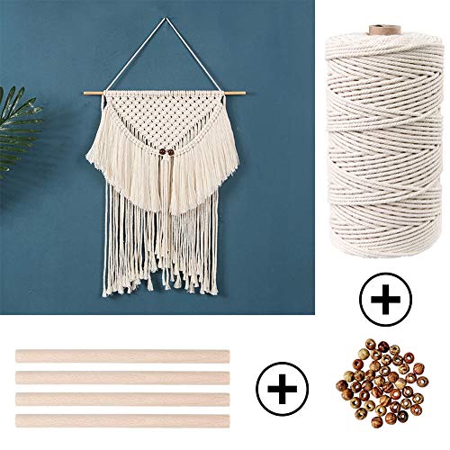 152pcs Macrame Kit for Beginners: Natural Cotton Macrame Cord, Wooden & Metal Rings, Beads, Sticks & Hoops - Perfect for Macrame Plant Hangers & Home Decor - size: 3mm x 220yards set-152pcs